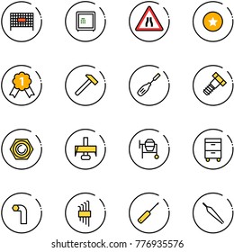 line vector icon set - fenced area vector, safe, Road narrows sign, star medal, gold, hammer, chisel, bolt, nut, milling cutter, cocncrete mixer, tool cabinet, allen key, set, awl, forceps