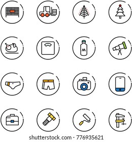 line vector icon set - fenced area vector, fork loader, christmas tree, turkey, floor scales, milk, telescope, swimsuit, camera, mobile phone, case, bolt, paint roller, clamp