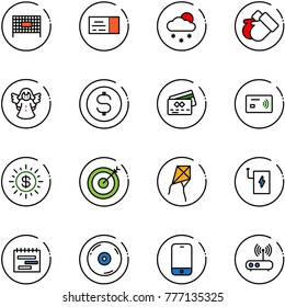 line vector icon set - fenced area vector, ticket, snowfall, gloves, angel, dollar coin, credit card, tap pay, sun, target, kite, power bank, terms plan, cd, mobile phone, wi fi router