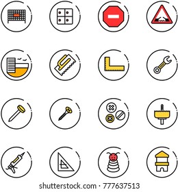 line vector icon set - fenced area vector, baggage room, no way road sign, drawbridge, hotel, trowel, corner ruler, wrench, nail, screw, rivet, crown drill, gun sealant, pyramid toy, block house