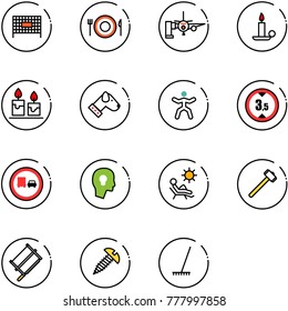 line vector icon set - fenced area vector, plate spoon fork, boarding passengers, candle, dog, gymnastics, limited height road sign, no truck overtake, head bulb, beach, sledgehammer, bucksaw, screw
