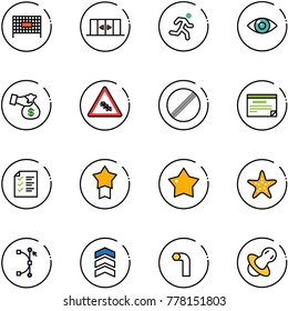 line vector icon set - fenced area vector, automatic doors, run, eye, encashment, multi lane traffic road sign, no limit, schedule, list, star medal, starfish, bezier, chevron, allen key, soother