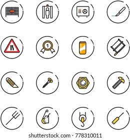 line vector icon set - fenced area vector, metal detector gate, safe, scalpel, Road narrows sign, gold medal, drink, bucksaw, work knife, screw, nut, farm fork, winch, awl