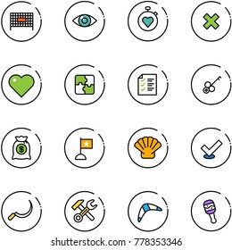 Line Vector Icon Set - Fenced Area Vector, Eye, Stopwatch Heart, Delete Cross, Puzzle, List, Key, Money Bag, Flag, Shell, Check, Sickle, Wrench Hammer, Boomerang, Beanbag