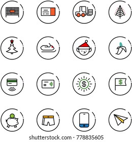 line vector icon set - fenced area vector, ticket, fork loader, christmas tree, snowmobile, elf, banana, tap pay, dollar sun, flag, piggy bank, swimsuit, mobile phone, paper plane