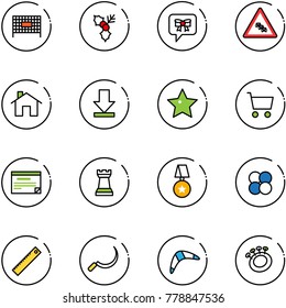 line vector icon set - fenced area vector, holly, bow message, multi lane traffic road sign, home, download, star, cart, schedule, chess tower, medal, atom core, ruler, sickle, boomerang, beanbag