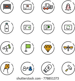 line vector icon set - fenced area vector, credit card, fork loader, christmas tree, milk, tap pay, exchange, telescope, flag, diamond, dragonfly, kite, information, usb wi fi, paint roller