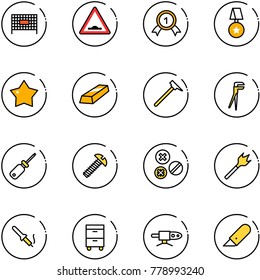 line vector icon set - fenced area vector, artificial unevenness road sign, gold medal, star, mason hammer, plumber, screwdriver, screw, rivet, wood drill, soldering iron, tool cabinet, pipe welding