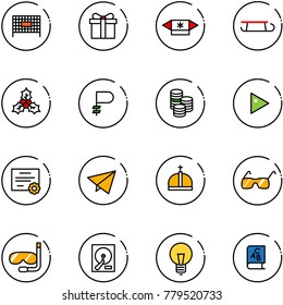 line vector icon set - fenced area vector, gift, candy, sleigh, holly, ruble, coin, play, certificate, paper fly, crown, sunglasses, diving, hdd, bulb, abc book