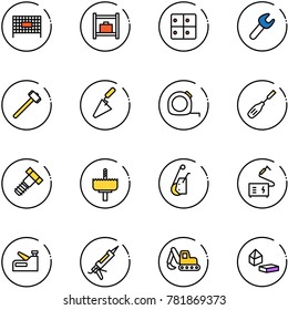 line vector icon set - fenced area vector, baggage room, wrench, sledgehammer, trowel, measuring tape, chisel, bolt, crown drill, winch, welding, stapler, gun sealant, excavator toy