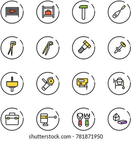 line vector icon set - fenced area vector, baggage room, work, chisel, plumber, bolt, nail dowel, crown drill, Angular grinder, jig saw, cocncrete mixer, tool box, laser lever, shovel fork toy