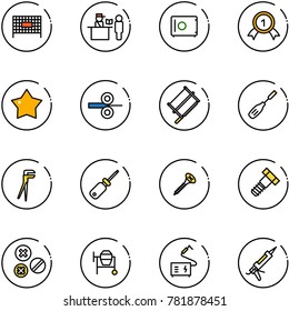 line vector icon set - fenced area vector, passport control, safe, gold medal, star, steel rolling, bucksaw, chisel, plumber, screwdriver, screw, bolt, rivet, cocncrete mixer, welding, gun sealant