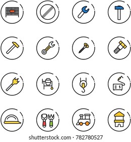 line vector icon set - fenced area vector, no limit road sign, wrench, hammer, screw, bolt, wood drill, cocncrete mixer, winch, welding, construction helmet, shovel fork toy, train, block house