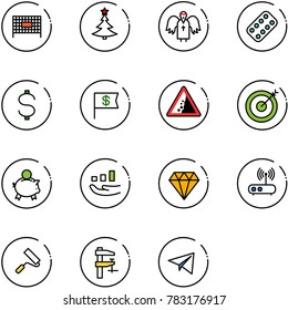 line vector icon set - fenced area vector, christmas tree, angel, pills blister, dollar, flag, landslide road sign, target, piggy bank, growth, diamond, wi fi router, paint roller, clamp