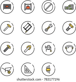 line vector icon set - fenced area vector, baggage room, no limit road sign, brick wall, hammer, bucksaw, wrench, bolt, screw, tile drill, cocncrete mixer, protect glass, wheelbarrow, corner ruler