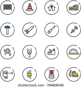 line vector icon set - fenced area vector, road cone, home, brick wall, hammer, saw, chisel, nail dowel, cocncrete mixer, winch, stapler, construction helmet, laser lever, allen key set, pyramid toy