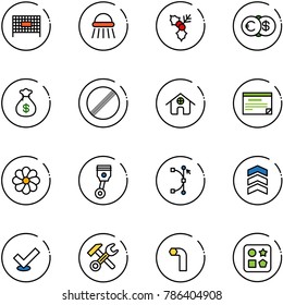 line vector icon set - fenced area vector, shower, holly, euro dollar, money bag, no limit road sign, home, schedule, flower, piston, bezier, chevron, check, wrench hammer, allen key, cube hole toy