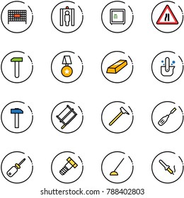 line vector icon set - fenced area vector, metal detector gate, safe, Road narrows sign, work, star medal, gold, casting of steel, hammer, bucksaw, mason, chisel, screwdriver, bolt, hoe