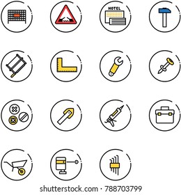line vector icon set - fenced area vector, drawbridge road sign, sea hotel, hammer, bucksaw, corner ruler, wrench, nail dowel, rivet, tile drill, gun sealant, tool box, wheelbarrow, laser lever