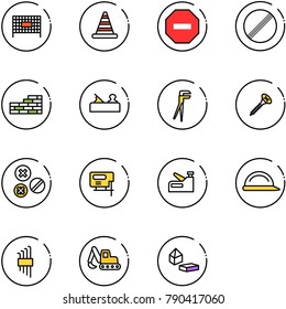 line vector icon set - fenced area vector, road cone, no way sign, limit, brick wall, jointer, plumber, screw, rivet, jig saw, stapler, construction helmet, allen key set, excavator toy