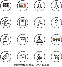 line vector icon set - fenced area vector, ticket, christmas tree, angel, floor scales, banana, dollar, money search, account statistics, pyramid flag, dragonfly, usb wi fi, case, yoyo, bow