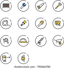 line vector icon set - fenced area vector, wrench, saw, sledgehammer, measuring tape, dowel, tile drill, jig, cocncrete mixer, construction helmet, gun sealant, wheelbarrow, laser lever