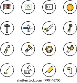 line vector icon set - fenced area vector, safe, gold medal, hammer, steel rolling, saw, plumber, bolt, nut, Angular grinder, hoe, welding, work knife, allen key