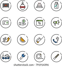 line vector icon set - fenced area vector, christmas ball, cake, milk, tap pay, investment, cursor browser, megaphone, career, watermelone, suitcase, phone, moon rover, wrench, measuring tape, drill