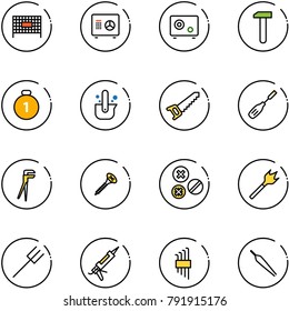 line vector icon set - fenced area vector, safe, work, gold medal, casting of steel, saw, chisel, plumber, screw, rivet, wood drill, farm fork, gun sealant, allen key set, forceps
