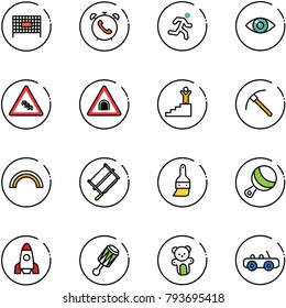 line vector icon set - fenced area vector, phone alarm, run, eye, multi lane traffic road sign, tunnel, success, rock axe, rainbow, bucksaw, brush, beanbag, rocket, bear toy, car