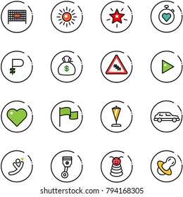 line vector icon set - fenced area vector, sun, christmas star, stopwatch heart, ruble, money bag, multi lane traffic road sign, play, flag, pennant, limousine, flying man, piston, pyramid toy