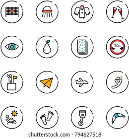 line vector icon set - fenced area vector, shower, angel, wine glasses, eye, pear, breads, limited distance road sign, win, paper fly, plane, flying man, beach, feet, piston, boomerang