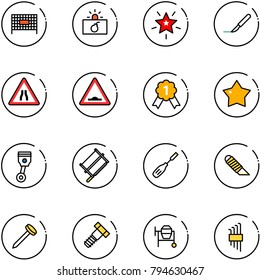 line vector icon set - fenced area vector, terrorism, christmas star, scalpel, Road narrows sign, artificial unevenness, gold medal, piston, bucksaw, chisel, work knife, nail, bolt, cocncrete mixer