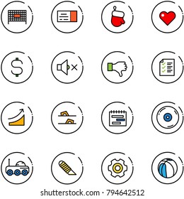 line vector icon set - fenced area vector, ticket, christmas glove, heart, dollar sign, volume off, dislike, list, rise, flip flops, terms plan, cd, moon rover, work knife, gear, basketball