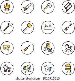 line vector icon set - fire vector, saw, axe, bucksaw, mason hammer, rubber, jointer, chisel, jig, awl, abc cube, rocking horse, wheel, xylophone, toy, block house