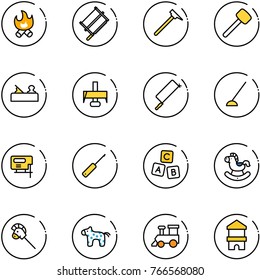 line vector icon set - fire vector, bucksaw, mason hammer, rubber, jointer, milling cutter, metal hacksaw, hoe, jig saw, awl, abc cube, rocking horse, stick toy, train, block house