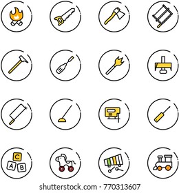 line vector icon set - fire vector, saw, axe, bucksaw, mason hammer, chisel, wood drill, milling cutter, metal hacksaw, hoe, jig, awl, abc cube, wheel horse, xylophone, toy train