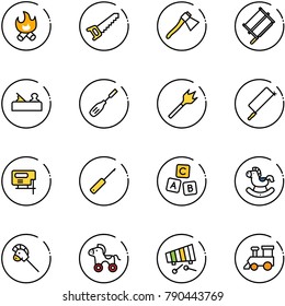 line vector icon set - fire vector, saw, axe, bucksaw, jointer, chisel, wood drill, metal hacksaw, jig, awl, abc cube, rocking horse, stick toy, wheel, xylophone, train