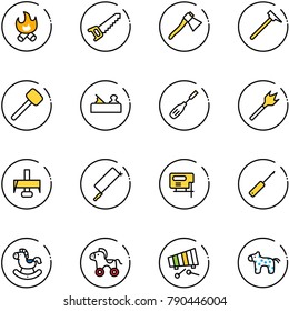 line vector icon set - fire vector, saw, axe, mason hammer, rubber, jointer, chisel, wood drill, milling cutter, metal hacksaw, jig, awl, rocking horse, wheel, xylophone, toy