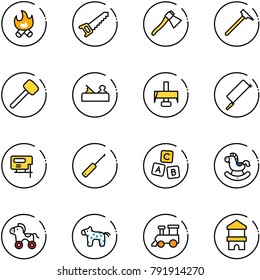 line vector icon set - fire vector, saw, axe, mason hammer, rubber, jointer, milling cutter, metal hacksaw, jig, awl, abc cube, rocking horse, wheel, toy, train, block house