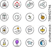 line vector icon set - fireplace vector, firework, tonometer, three leafs, pull ups, eggs, sproute, moon flag, passport, waves, chat, crown drill, brush, balloon smile, toy horse, basketball