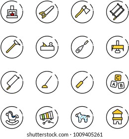 line vector icon set - fireplace vector, saw, axe, bucksaw, mason hammer, jointer, chisel, milling cutter, metal hacksaw, hoe, awl, abc cube, rocking horse, xylophone, toy, block house