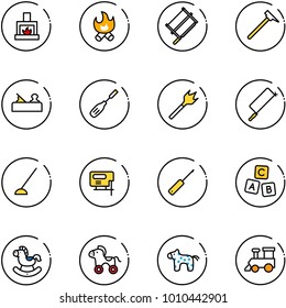 line vector icon set - fireplace vector, fire, bucksaw, mason hammer, jointer, chisel, wood drill, metal hacksaw, hoe, jig saw, awl, abc cube, rocking horse, wheel, toy, train