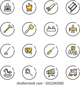 line vector icon set - fireplace vector, fire, saw, bucksaw, mason hammer, rubber, jointer, milling cutter, hoe, jig, awl, abc cube, rocking horse, stick toy, xylophone, train