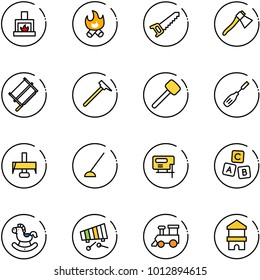 line vector icon set - fireplace vector, fire, saw, axe, bucksaw, mason hammer, rubber, chisel, milling cutter, hoe, jig, abc cube, rocking horse, xylophone, toy train, block house