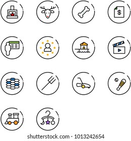 line vector icon set - fireplace vector, christmas deer, broken bone, account statement, presentation, star man, bungalow, movie flap, carbon, farm fork, lawn mower, baseball bat, toy train