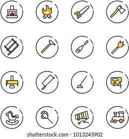 line vector icon set - fireplace vector, fire, saw, axe, bucksaw, mason hammer, chisel, wood drill, milling cutter, metal hacksaw, hoe, jig, rocking horse, stick toy, xylophone, train