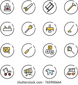 line vector icon set - fireplace vector, saw, bucksaw, mason hammer, jointer, wood drill, milling cutter, hoe, jig, awl, abc cube, horse stick toy, wheel, xylophone, train