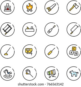 line vector icon set - fireplace vector, fire, saw, axe, bucksaw, jointer, chisel, metal hacksaw, hoe, jig, awl, abc cube, rocking horse, stick toy, xylophone