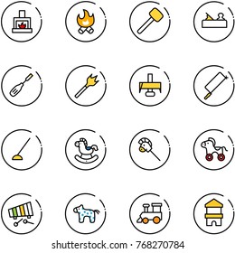 line vector icon set - fireplace vector, fire, rubber hammer, jointer, chisel, wood drill, milling cutter, metal hacksaw, hoe, rocking horse, stick toy, wheel, xylophone, train, block house